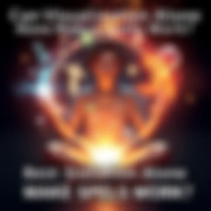 A person sitting cross-legged with eyes closed, imagining spell components and actions in their mind, surrounded by a glowing aura, symbolizing the power of visualization in magic.