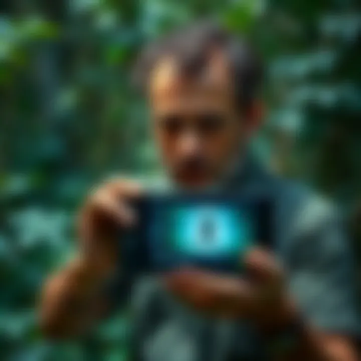 Brazilian researcher Vitório Pacaccini holds a device showing a video of a small alien creature, set in a dense Brazilian forest.