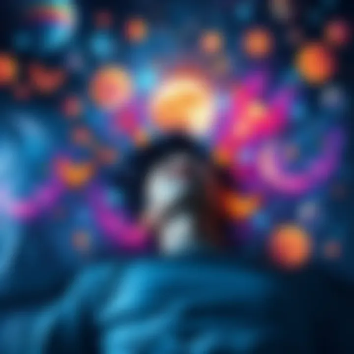 A person lying in bed with eyes closed, surrounded by colorful, dreamlike images and patterns, illustrating pre-sleep visions