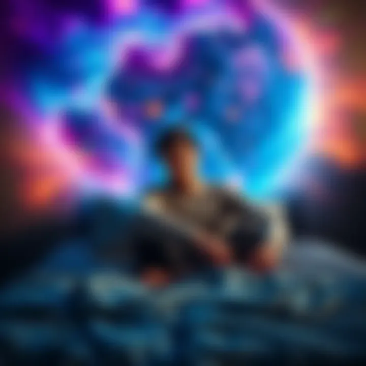 A person sitting on their bed, looking thoughtful and tired, with dream-like imagery swirling around them