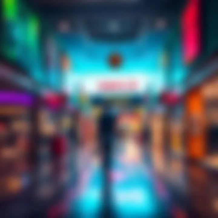 A dreamer walking through a colorful mall filled with shops and a movie theater in the background
