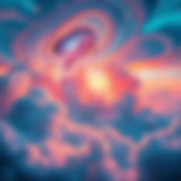 A colorful and surreal dream landscape with swirling clouds and bright stars, depicting an intense dream experience.