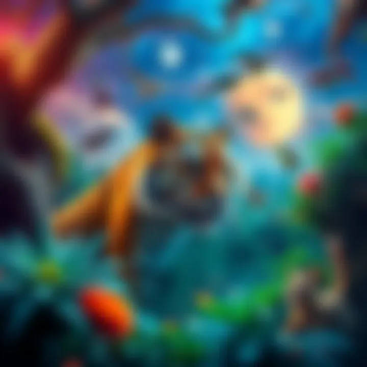 A colorful dream landscape featuring a tiger in a lush jungle, with elements symbolizing competition and family surrounding it