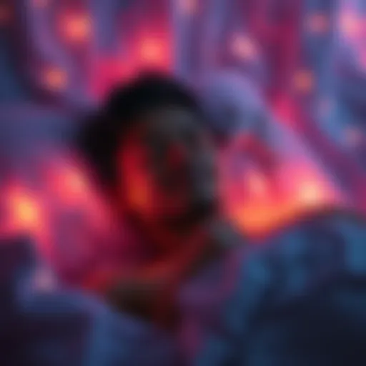 A person sleeping peacefully with a content expression, surrounded by dream-like visuals representing vivid dream sex, such as soft colors and abstract shapes.
