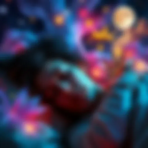 A person sleeping peacefully, surrounded by colorful dream images reflecting wild imagination, representing the clarity of dreams after quitting weed for over 50 days.