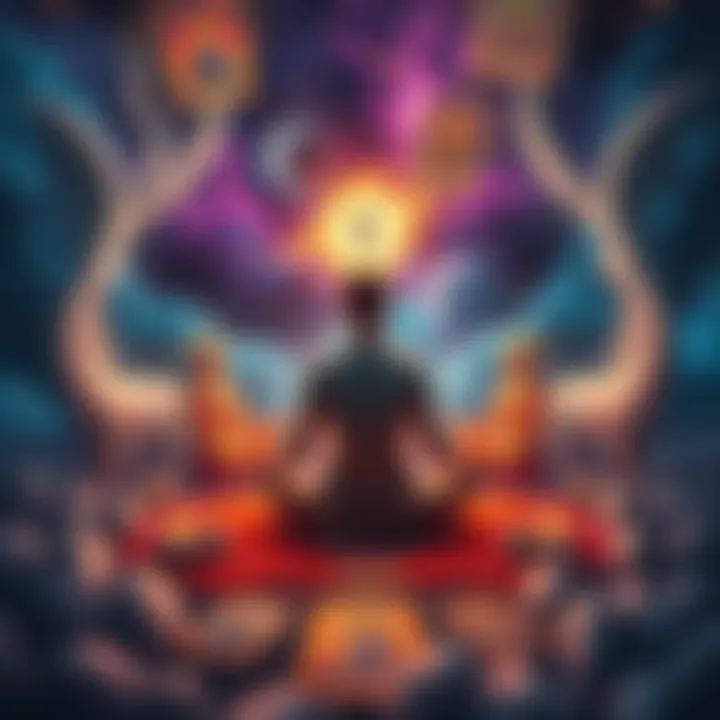 A serene scene of a person meditating, surrounded by dream-like figures and tarot cards, representing the connection between dreams and meditation.