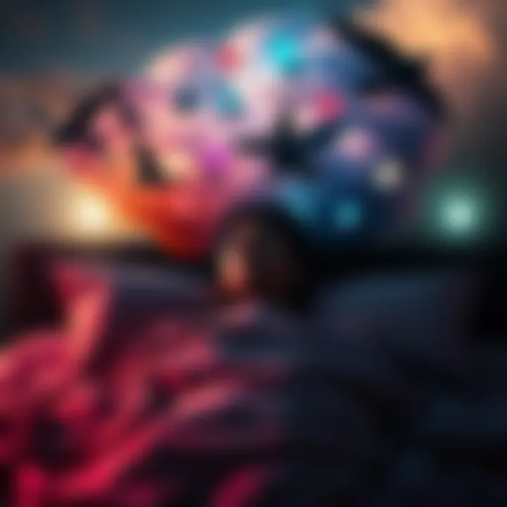 A person in bed with colorful dream imagery above their head, showing crows, electronics, and dark clouds, reflecting vivid dreams and strange signs.