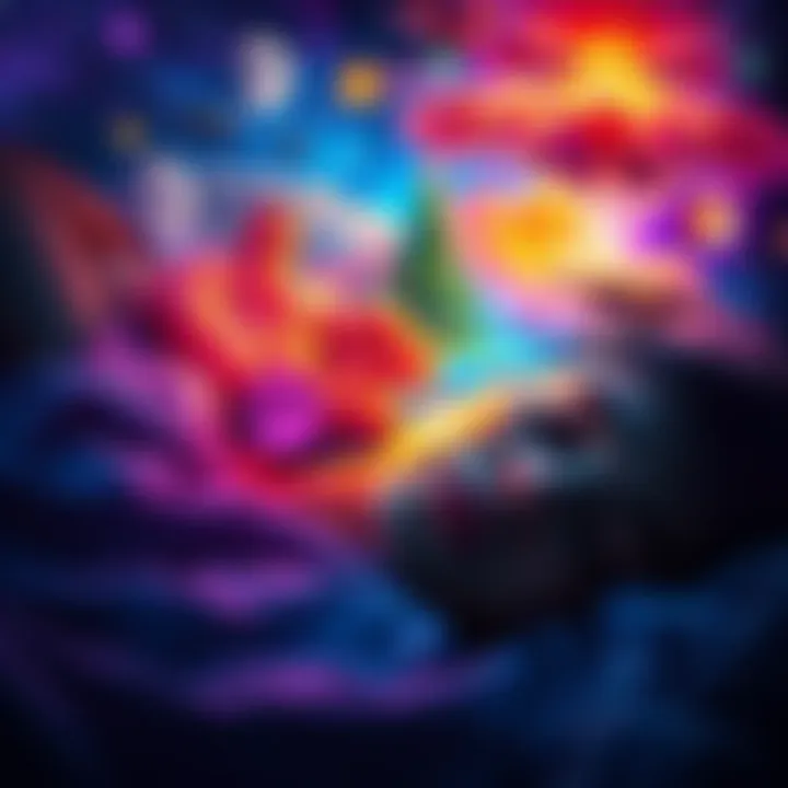 A person sleeps peacefully with bright, colorful dream scenes above their head, representing vivid dreams and possibilities of lucid dreaming.