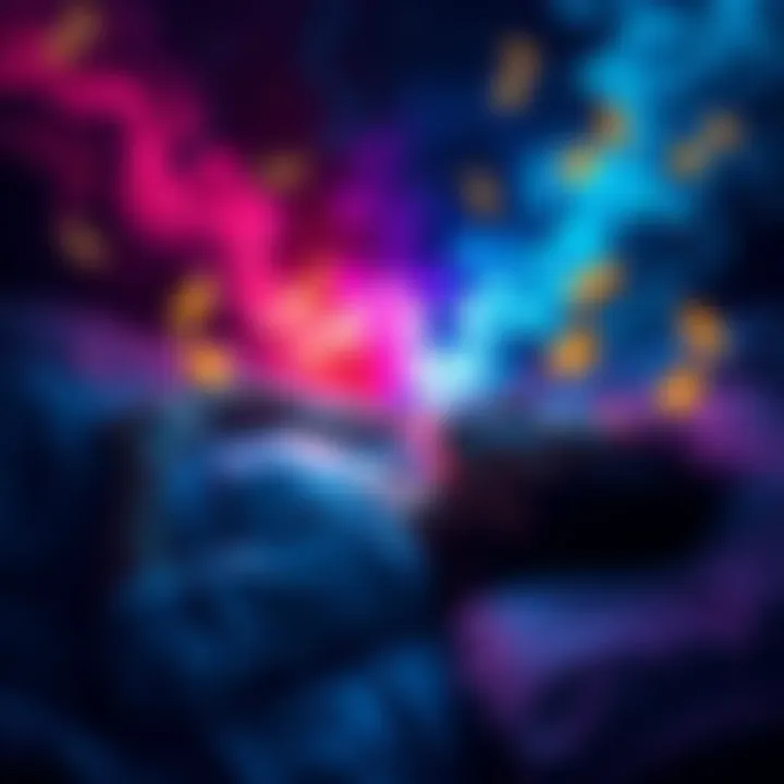 A person lying in bed with colorful dream imagery around them, soft musical notes in the air, symbolizing vivid dreams and intriguing tones