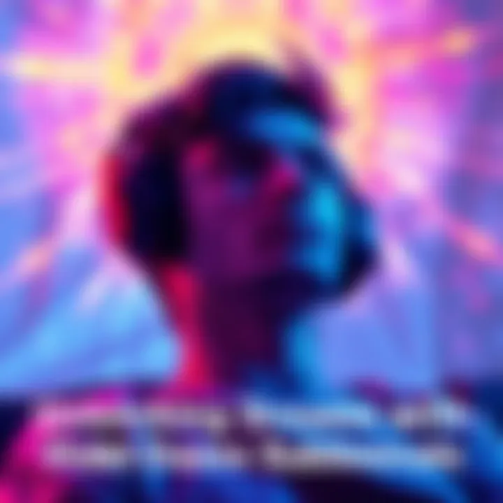 A person wearing headphones, relaxing while listening to subliminal tracks, with colorful dream-like visuals around them.