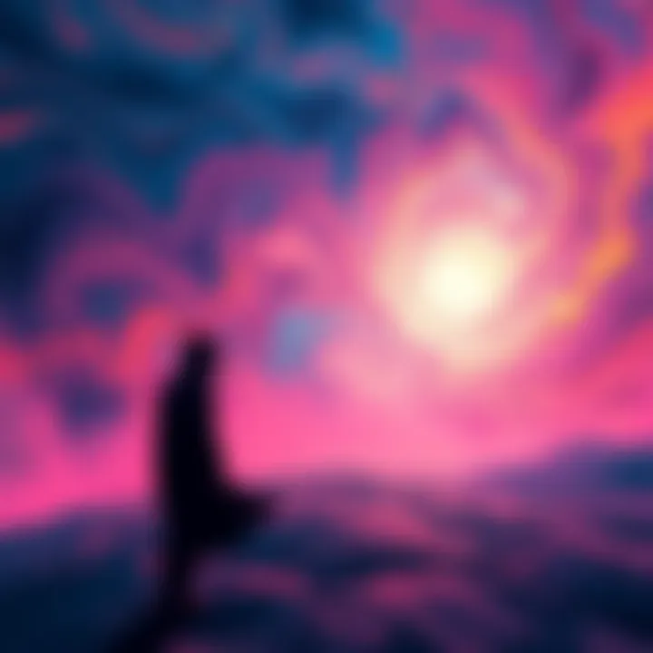 A surreal scene showing swirling patterns and a dark figure approaching, representing strange visual experiences when eyes are closed.