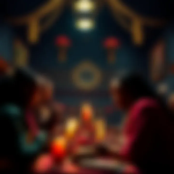 Individuals participating in a Vodou spirit court ceremony, surrounded by symbolic items and colorful decorations.