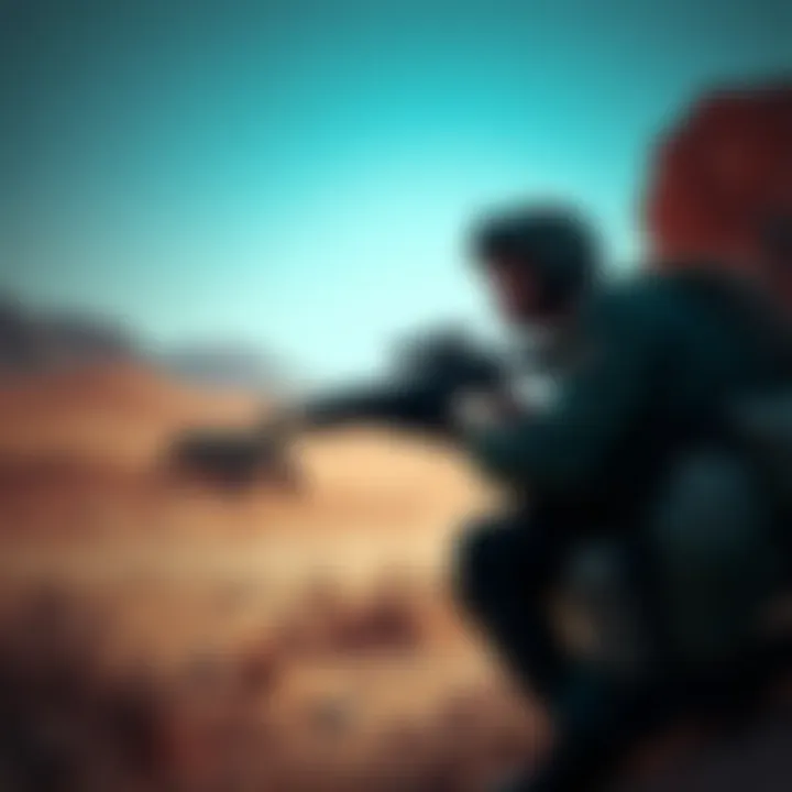 A soldier in a desert environment uses advanced technology to communicate psychological operations during the Gulf War.