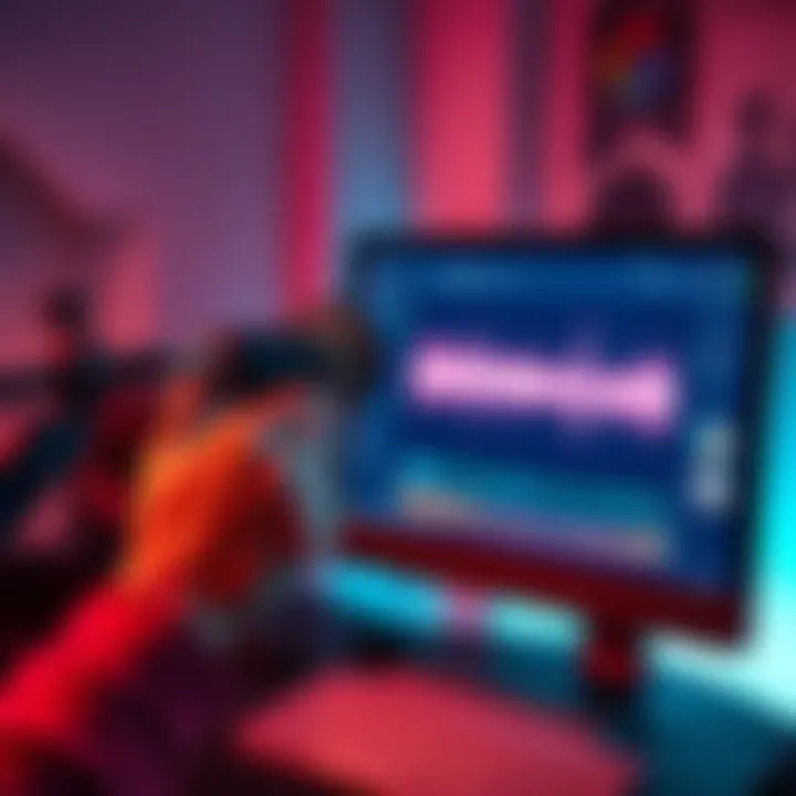 A person using a microphone to record their voice for creating custom audio tracks, with a computer screen showing a user-friendly interface for editing and sharing.