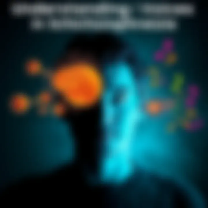 A visual representation showing a person experiencing different voices, with one side depicting telepathy through thought bubbles and the other side showing voices representing schizophrenia.