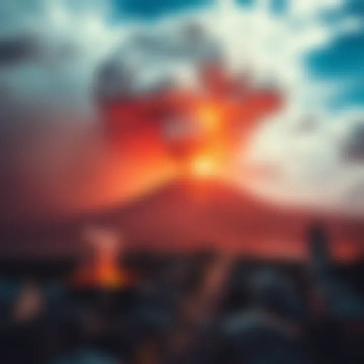 A dramatic volcanic eruption looms over the coastal town of Saint-Pierre, Martinique, with ash and smoke rising into the sky, engulfing buildings and streets below.