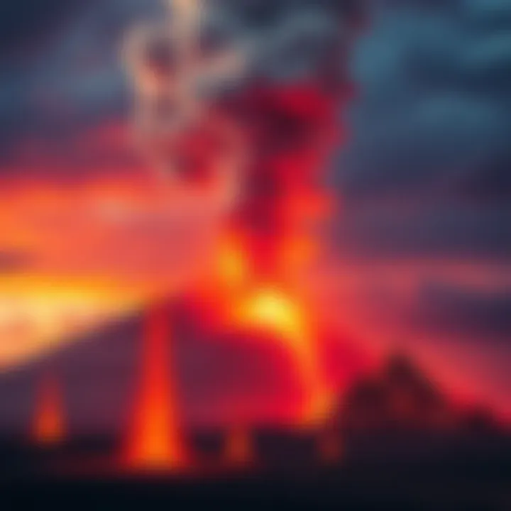 A depiction of a volcanic eruption with smoke rising, alongside symbols representing ancient Egyptian mythology, specifically the god Medjed.