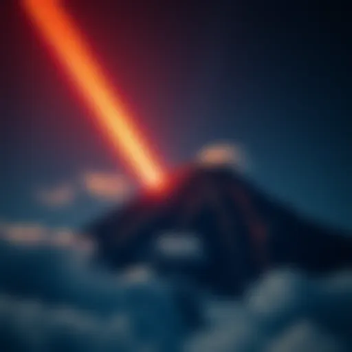 A volcano with a meteor streaking toward it in the night sky, surrounded by clouds and stars.