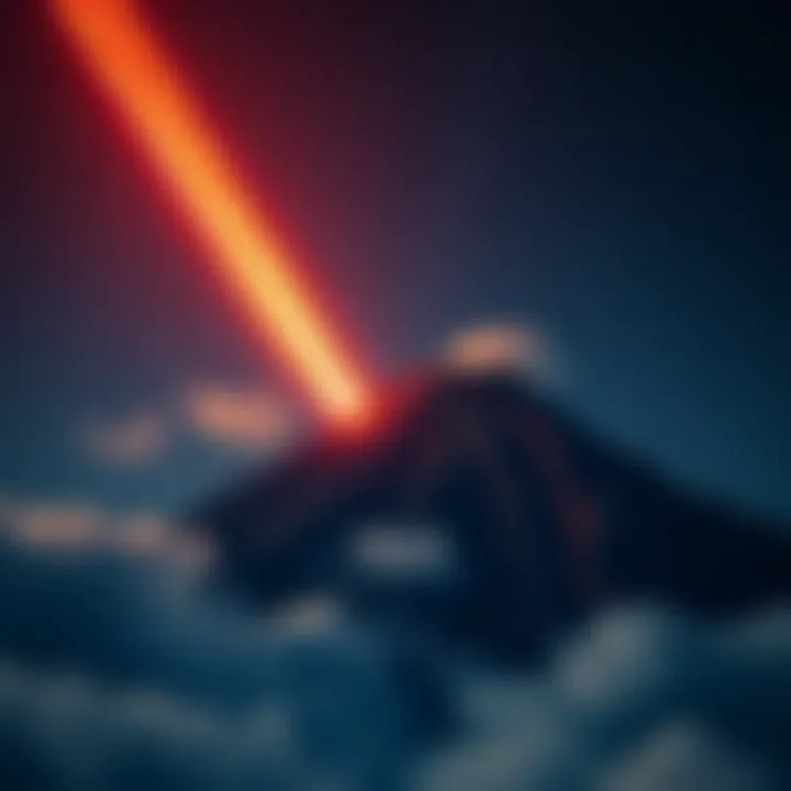 A volcano with a meteor streaking toward it in the night sky, surrounded by clouds and stars.