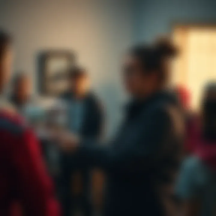 A volunteer holding a photograph of missing children in Alaska, expressing emotions while engaging with a group of people in a supportive setting.