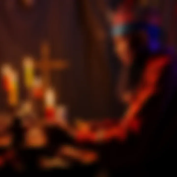 A person lighting a candle and seeking guidance from Papa Legba, surrounded by spiritual symbols and offerings.