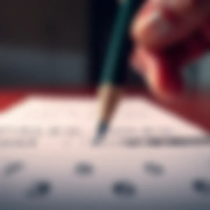 A close-up of a hand holding a pencil over a ballot during a voting process in Canada
