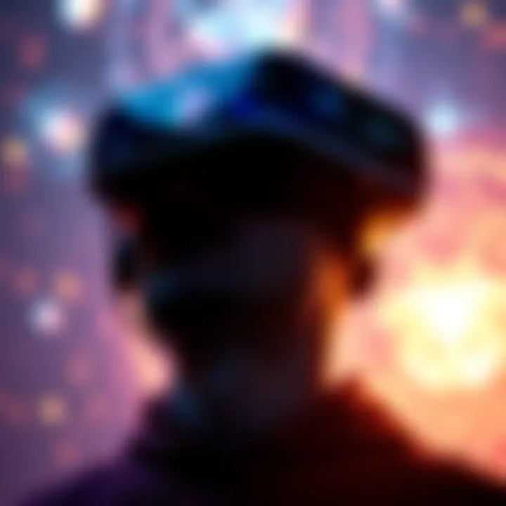 A person wearing a VR headset, surrounded by glowing imagery representing lucid dreams and out-of-body experiences