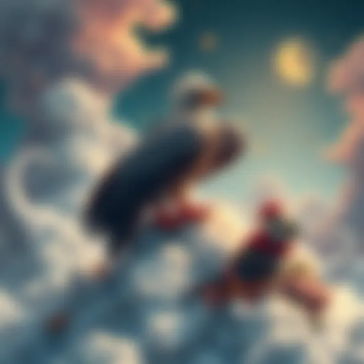 A vulture perched on a cloud, overseeing a colorful fantasy scene with various whimsical characters in a vibrant dream world.