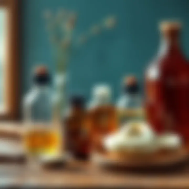 Oil and ghee remedies for vulvodynia relief Bottles of essential oils and ghee on a wooden table, representing remedies for vulvodynia pain relief