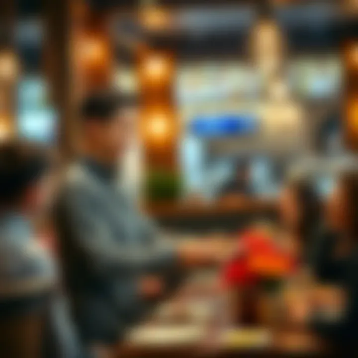A young waiter with a friendly smile, serving food to customers at a cozy restaurant table, creating a warm atmosphere