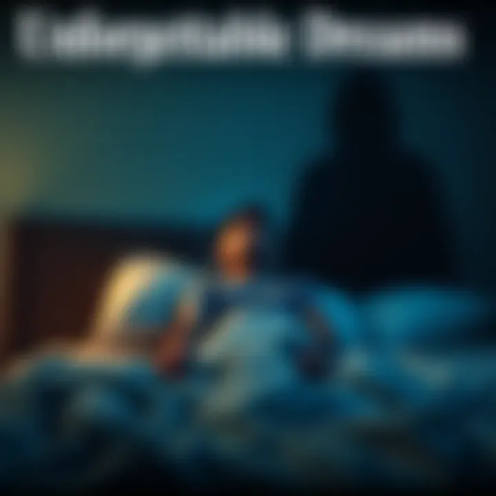 Person waking from a nightmare A person sits up in bed, looking startled and scared after a nightmare, with a shadowy figure in the background.