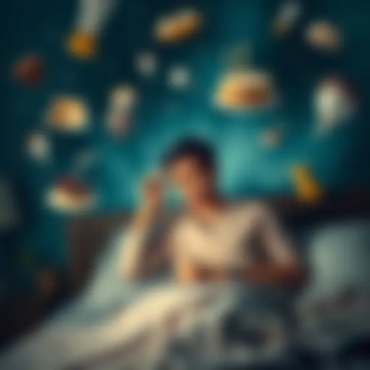 A person sitting up in bed looking angry with their hand on their forehead, surrounded by floating dream images like cake and friends, representing bad dreams