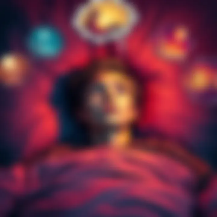 A person lying in bed with a puzzled expression, surrounded by thought bubbles depicting strange dream scenes.