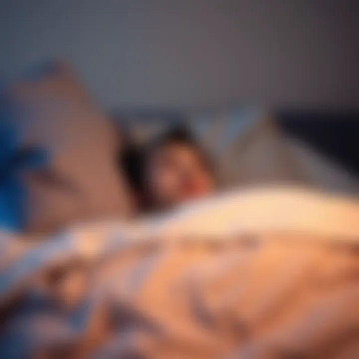 A person lying in bed with eyes open, looking surprised as they wake up from a dream, surrounded by soft pillows and a dimly lit room.