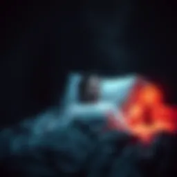 A person sits up in bed, looking terrified after a scary dream, with shadows and dark colors surrounding them.