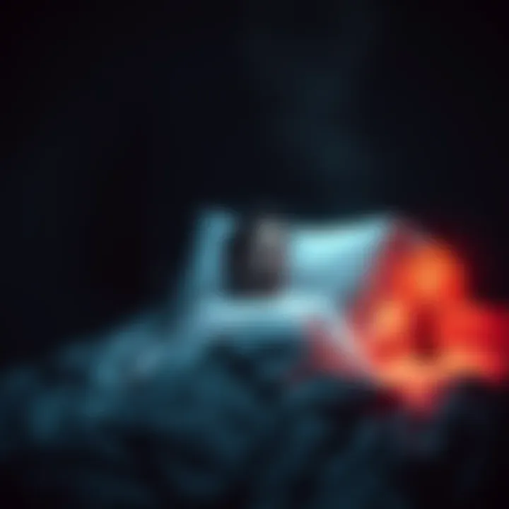 A person sits up in bed, looking terrified after a scary dream, with shadows and dark colors surrounding them.