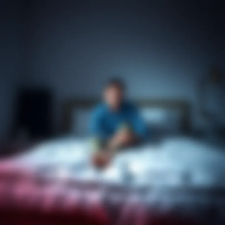 Individual sitting on a bed, looking confused in an unfamiliar room with soft lighting