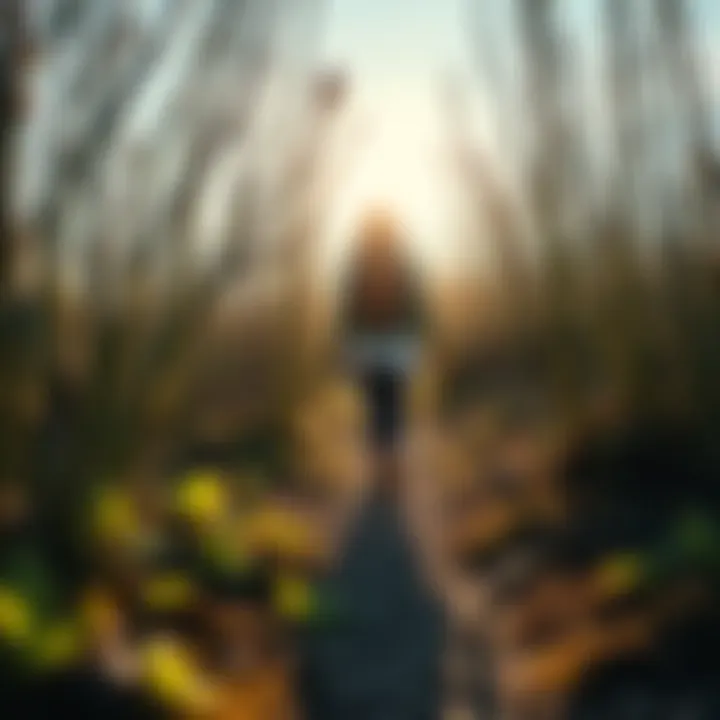 A person walking on a sunny path surrounded by budding plants, symbolizing growth and renewal during Imbolc.