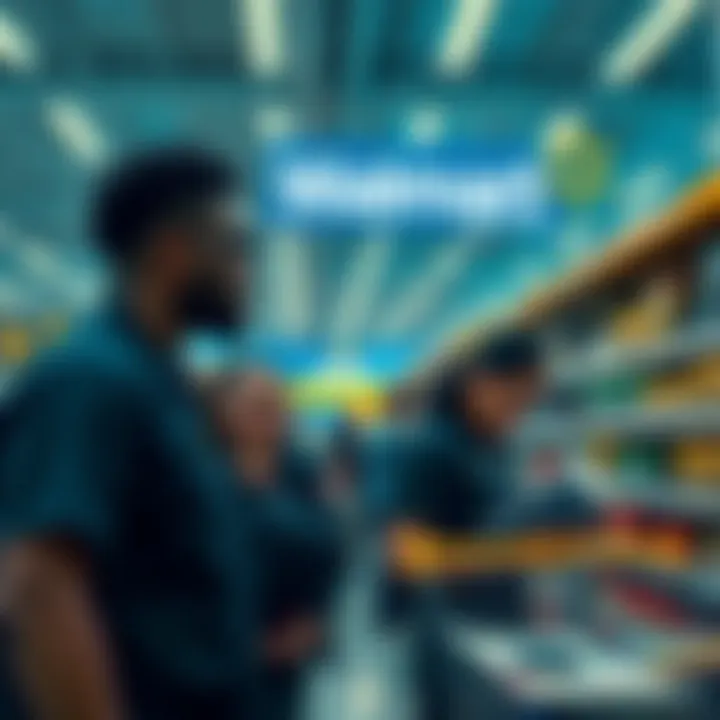 Group of Walmart employees at work, showing a busy store environment with minimal interaction between staff, reflecting a challenging atmosphere