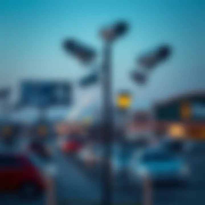 A Walmart parking lot showing multiple surveillance cameras mounted on poles, highlighting security measures in public spaces.