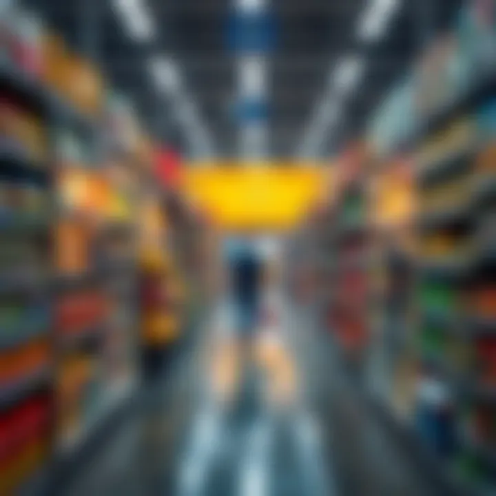 A customer walking through the aisles of a Walmart store, shopping for groceries.