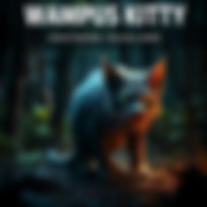 A depiction of the Wampus Kitty, a mysterious creature from Southern folklore, lurking in a wooded area at night.