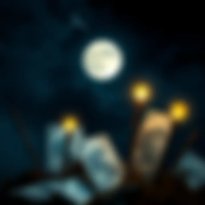 A collection of wand tarot cards illuminated by the light of a full moon in a dark sky, symbolizing intuition and dreams.