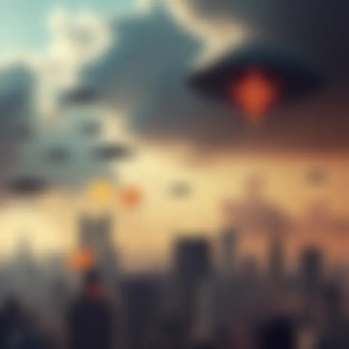 War and Alien Invasion Prediction A visual representation of chaos with military forces and alien ships in the sky over a city skyline, symbolizing World War 3 and an alien invasion.