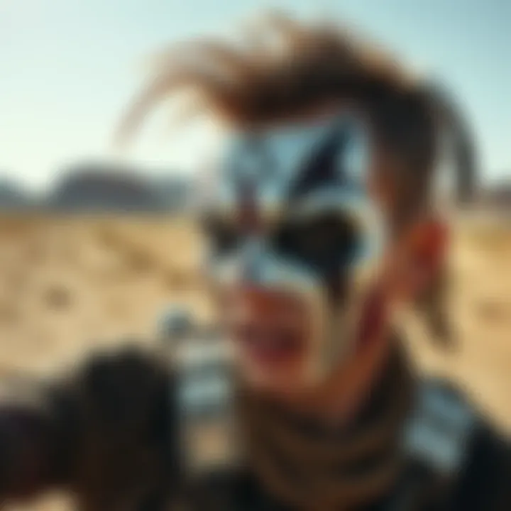 A War Boy from Mad Max, with chrome spray paint on his face, showcasing a fierce expression as he prepares for battle. The background features a rugged wasteland, emphasizing the harsh environment they inhabit.