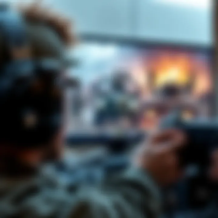 A close-up of a gamer intently playing a war game on a high-definition screen, showcasing a detailed battlefield scene with soldiers and military vehicles.