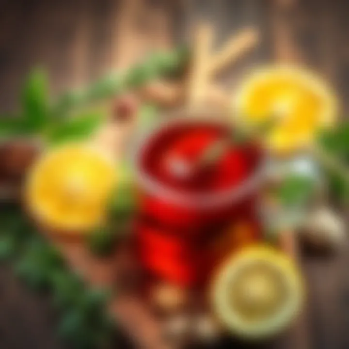 A cozy cup of herbal tea with lemon and thyme, surrounded by fresh herbs and spices on a wooden table