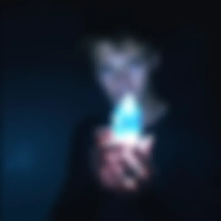 A person looking apprehensive while holding a glowing crystal in a dark room, representing the danger of communicating with extraterrestrial entities.