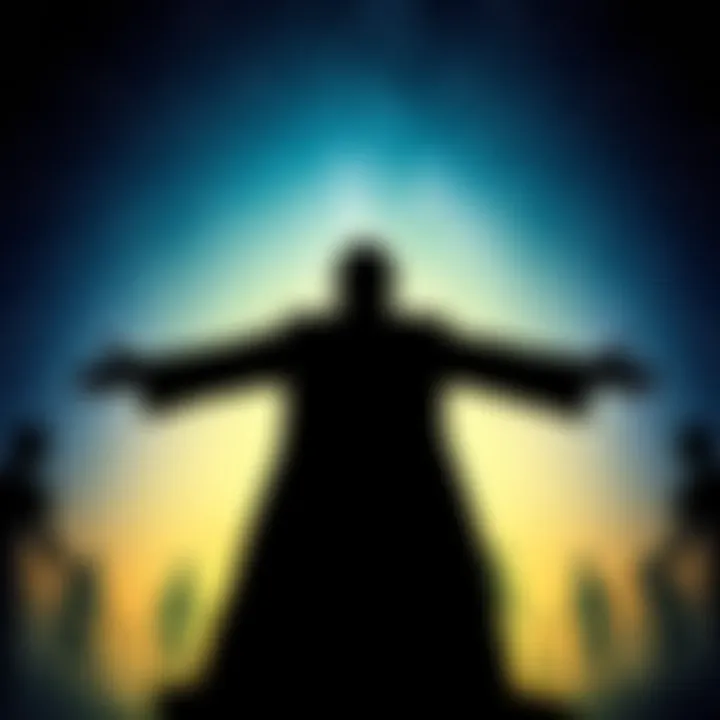 A figure stands with outstretched arms under a starry sky, surrounded by shadowy shapes resembling alien figures. The atmosphere feels eerie and cautionary, hinting at the dangers of summoning extraterrestrials.