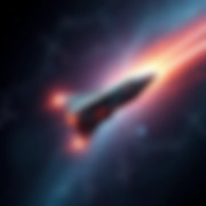 Illustration of a futuristic spacecraft using warp-drive technology in space, surrounded by stars and galaxies.